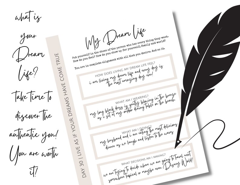 Op de afbeelding: Een printbaar werkblad met de tekst "My Dream Life" en een reeks vragen om je te helpen je ideale leven te visualiseren. De vragen omvatten "Hoe voelt het om mijn droomleven te leven?" en "Wat draag ik?"
