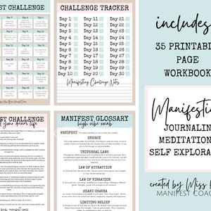 Op de afbeelding: Een printbare werkboek van 35 pagina's met een roze en blauwe kleurschema. De werkboek bevat een 30-daagse manifestatie-uitdaging, een woordenlijst met high-vibe vocabulaire en journal prompts. De tekst "Manifesting Challenge" is in een roze en blauwe kleurschema. De tekst "includes: 35 printable page workbook" is in zwarte tekst op een witte achtergrond. De tekst "Manifesting Journaling Meditations Self Exploration" is in zwarte tekst op een lichtblauwe achtergrond. De tekst "created by Miss barb MANIFEST COACH" is in zwarte tekst op een lichtblauwe achtergrond.
