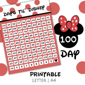 100 Day Printable Vacation Countdown, Count Down the Days Until Your Magical Vacation, Printable Countdown, Minnie, A4, US Letter