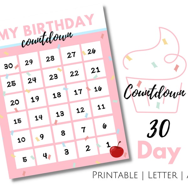 Countdown to Birthday,  Printable 30 Day Birthday Countdown, Kids Birthday Countdown in Pink Cupcake