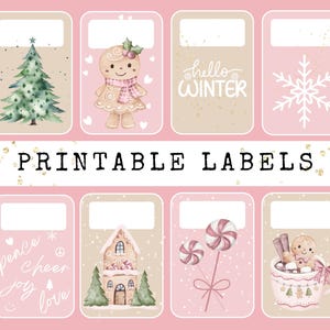May include: Printable labels with winter and holiday designs. The labels feature a Christmas tree, gingerbread man, snowflake, and other festive illustrations. The text "PRINTABLE LABELS" is displayed across the center.