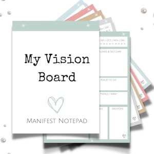 Carnet de manifestation du tableau de vision imprimable pour les objectifs du Nouvel An, les soins personnels et l’amour de soi, écriture du tableau de vision