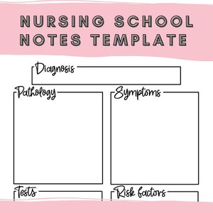 May include: A printable nursing school notes template with a pink background. The template is divided into five sections: Diagnosis, Pathology, Symptoms, Tests, and Risk Factors.