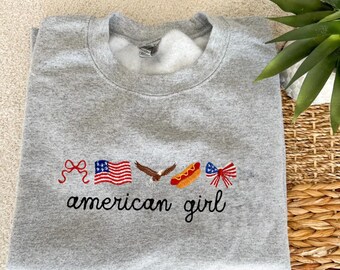 American Girly, 4th of July Embroidered Crewneck | Independence Day Custom Sweatshirt