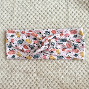 Pink Pumpkins Headband, Fall, Halloween, Girly Twisted Turban, Faux Knot Headband