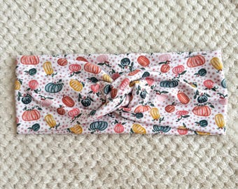 Pink Pumpkins Headband, Fall, Halloween, Girly Twisted Turban, Faux Knot Headband