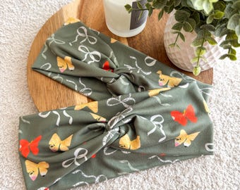 Back to School Bows, Green School Supply Themed Twisted Turban Faux Knot Headband