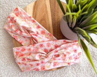 Pink Flowers Headband | Spring Floral Twisted Turban, Faux Knot