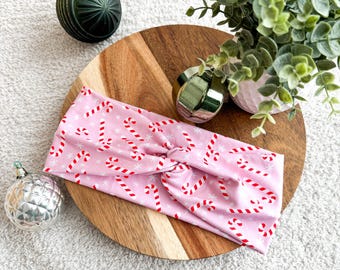 Pink Candy Canes Christmas Headband, Faux Knot, Twisted Turban, Snowflakes and Christmas Candy