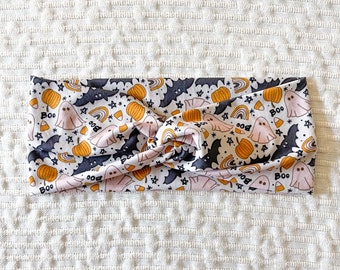 Ghosts, Bats, and Candy Corn, Cream and Orange Halloween Twisted Turban Faux Knot Headband