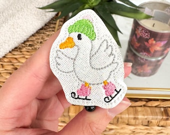 Winter Goose Ice Skating Badge Reel | Handmade Vinyl Badge Holder