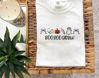 Halloween-Krankenschwester-T-Shirt, Boo Boo Crew | Individuell besticktes Comfort Colors-Shirt