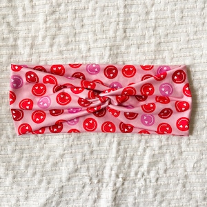 Groovy Smiley Faces Pink Red Valentine’s Day Twisted Turban Faux Knot Headband