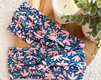 Navy Pink Floral Headband | Twisted, Stretchy Hairband for Nurses, Teachers