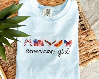 American Girly 4th of July Embroidered T-Shirt | Custom Comfort Colors Shirt