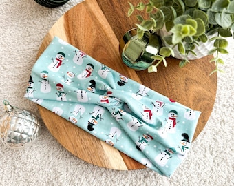 Happy Snowmen Blue Christmas Headband, Faux Knot, Twisted Turban