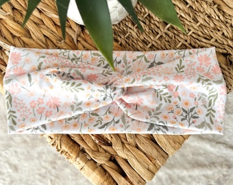 Peachy Spring Floral Headband | Twisted, Stretchy Hairband for Nurses, Teachers