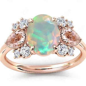Oval Cut Opal Engagement Ring Art Deco Cluster Wedding Ring Vintage Morganite Multi Gemstone Cluster Ring 14k Gold Ring Gift For Women