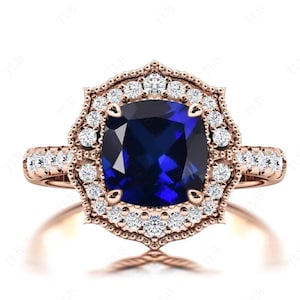 14k Gold Blue Sapphire Engagement Ring For Her Vintage Cushion Cut Blue Sapphire Halo Wedding Ring Unique Promise Ring Anniversary Gift