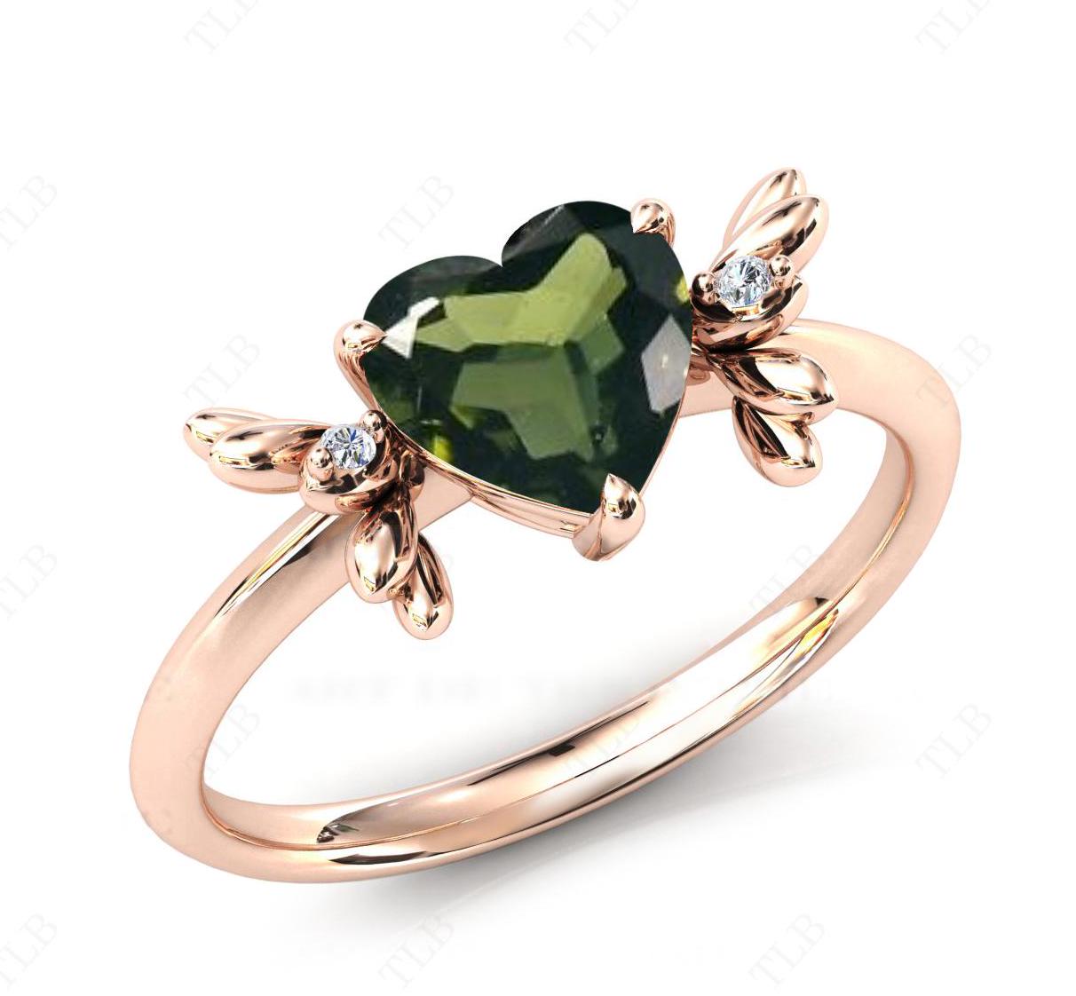 Moldavite Gemstone Ring For Women Heart Shaped Moldavite Engagement Ring Art Deco Bridal Promise Ring 14k Gold Moldavite Wedding Ring