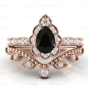 Pear Cut Black Onyx Engagement Ring Set Vintage Halo Wedding Ring Set Unique Black Gemstone Ring Set Art Deco 2 Piece Bridal Ring Set
