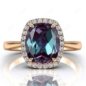 Elongated Cushion Cut Alexandrite Engagement Ring Art Deco Halo Wedding Ring 14k Gold Alexandrite Vintage Anniversary Ring Gift For Women