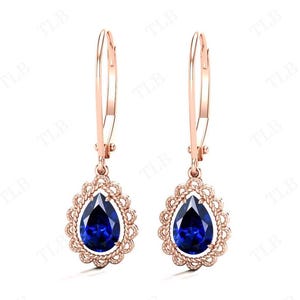 Pear Cut Blue Sapphire Earrings For Women Rose Gold Dangle Drop Earrings Unique Wedding Earrings Art Deco Antique Earrings Gift For Women