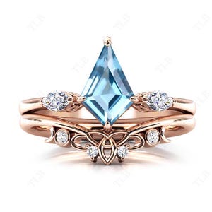 Kite Shaped Sky Blue Topaz Wedding Ring Set Art Deco 2Pce Engagement Ring Set Vintage Sky Blue Topaz Bridal Ring Set Anniversary Gift