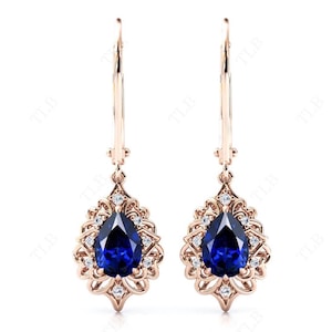 Unique Blue Sapphire Earrings Art Deco Pear Cut Blue Gemstone Earrings Vintage Antique Style Earrings Rose Gold Lever Back Earrings Gift