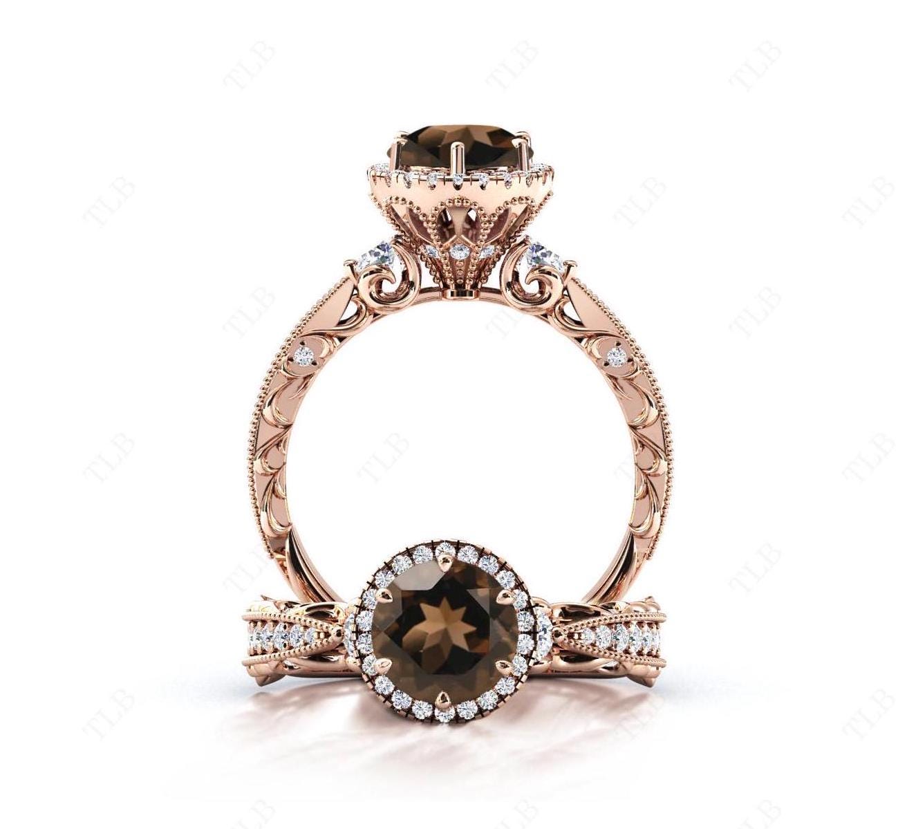 14k Gold Smoky Quartz Wedding Ring For Women Vintage Smoky Quartz Art Deco Halo Engagement Ring Unique Anniversary Ring Gift For Women