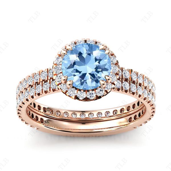 Sky Blue Topaz Engagement Ring Set For Women Rose Gold Halo Bridal Ring Set 925 Silver Blue Topaz Wedding Ring Set Antique Anniversary Rings