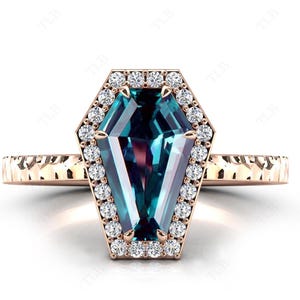 Coffin Shaped Alexandrite Halo Engagement Ring For Women 925 Silver Alexandrite Art Deco Wedding Ring Unique Handmade Ring Gift For Women