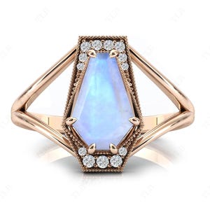 Natural Moonstone Engagement Ring Coffin Shaped Moonstone Unique Wedding Ring Art Deco Bridal Promise Ring 14k Gold Ring For Women