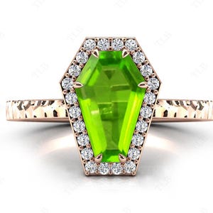 Vintage Peridot Engagement Ring For Women Coffin Shaped Peridot Halo Wedding Ring Women Statement Ring Anniversary Gift Green Gemstone Ring