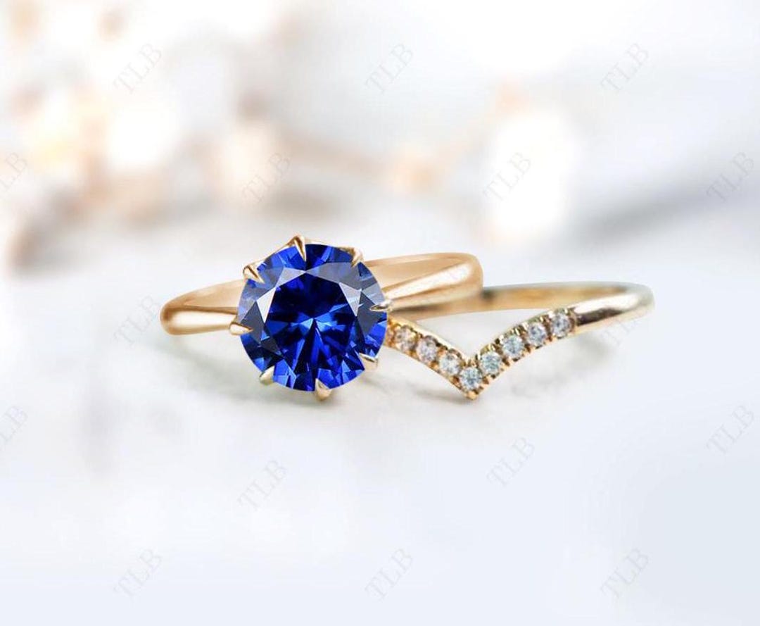 Blue Sapphire Engagement Ring Set Unique 2pce Bridal Ring Set 925 ...