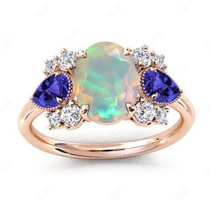 Art Deco Opal Engagement Ring 925 Silver Opal Antique Cluster Ring Rose Gold Multi Gemstone Ring Unique Wedding Ring Women Anniversary Gift