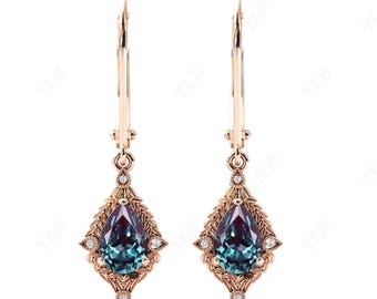 Pendientes Art Decó de Alejandrita en oro de 14 quilates, pendientes nupciales de Alejandrita con corte de pera, pendientes colgantes de plata 925 con forma de hoja, regalo.