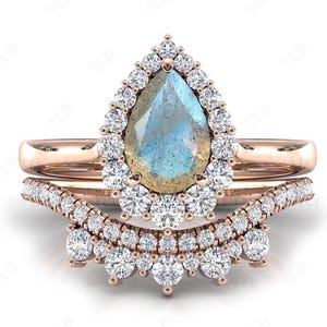 Blue Fire Labradorite Wedding Ring Set Art Deco Pear Cut Labradorite Engagement Ring Set Unique Bridal Promise Ring Set 14k Gold Ring Set