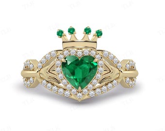 Antique Claddagh Wedding Ring Art Deco Emerald Halo Ring For Women Heart Shaped Emerald Claddagh Ring Unique Emerald Engagement Ring For Her