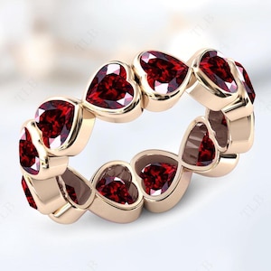 Bezel Set Garnet Engagement Band 14k Gold Garnet Wedding Band Heart Shaped Red Gemstone Band Women Eternity Band Vintage  Bridal Band