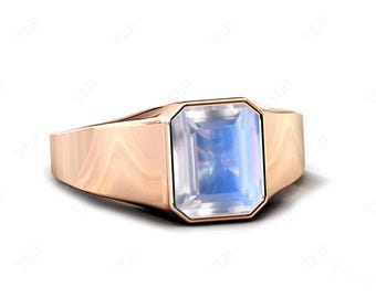 14k Gold Moonstone Engagement Ring Unique Signet Ring Vintage Emerald Cut Moonstone Unisex Ring 925 Silver Handmade Ring Gift For Men