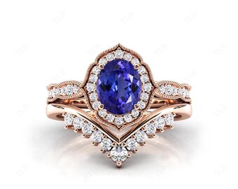 Oval Cut Tanzanite Engagement Ring Set Vintage Tanzanite Halo Wedding Ring Set 925 Silver Tanzanite Art Deco Bridal Promise Ring Set Gift