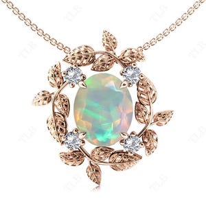 Fire Opal Pendant For Women Antique Vine Leaf Design Pendant Rose Gold Wedding Pendant Unique Opal Gemstone Anniversary Gift For Women