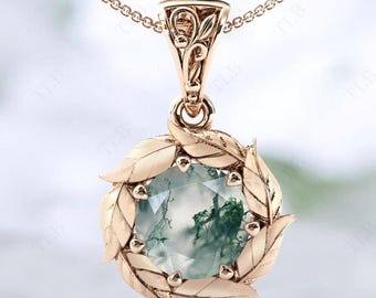 Natural Moss Agate Pendant For Women Rose Gold Vine Leaf Pendant Unique Green Gemstone Pendant Art Deco Moss Agate Wedding Pendant Gift
