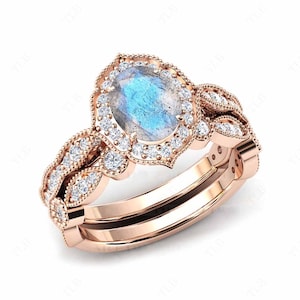Oval Cut Labradorite Wedding Ring Set 14k Gold Labradorite Engagement Ring Set Vintage 2Pce Ring Set Antique Halo Bridal Ring Set For Women