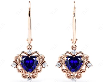 Unique Blue Sapphire Earrings For Women Rose Gold Filigree Earrings Heart Shaped Blue Gemstone Earrings Art Deco Dangle Drop Earrings