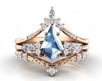 Art Deco Kite Shaped Aquamarine Engagement Ring Set For Women Vintage Wedding Ring Set 14k Gold Aquamarine Bridal Ring Set Gift For Women