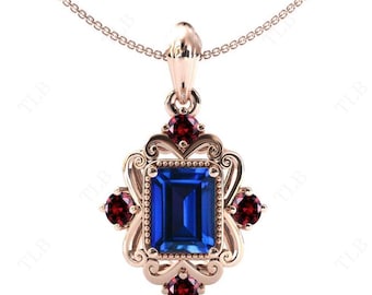 Art Deco Blue Sapphire Pendant For Women Antique Style Pendant Unique Emerald Cut Blue Sapphire Necklace Natural Garnet Filigree Pendant