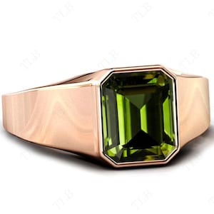 5ct Green Tourmaline Signet Ring Unique Engagement Ring For Men Emerald Cut Green Gemstone Ring Rose Gold Unisex Ring Anniversary Gift