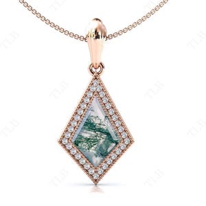 Kite Shaped Moss Agate Pendant For Women 14k Gold Moss Agate Wedding Pendant Vintage Statement Pendant Unique Handmade Pendant Gift For Her